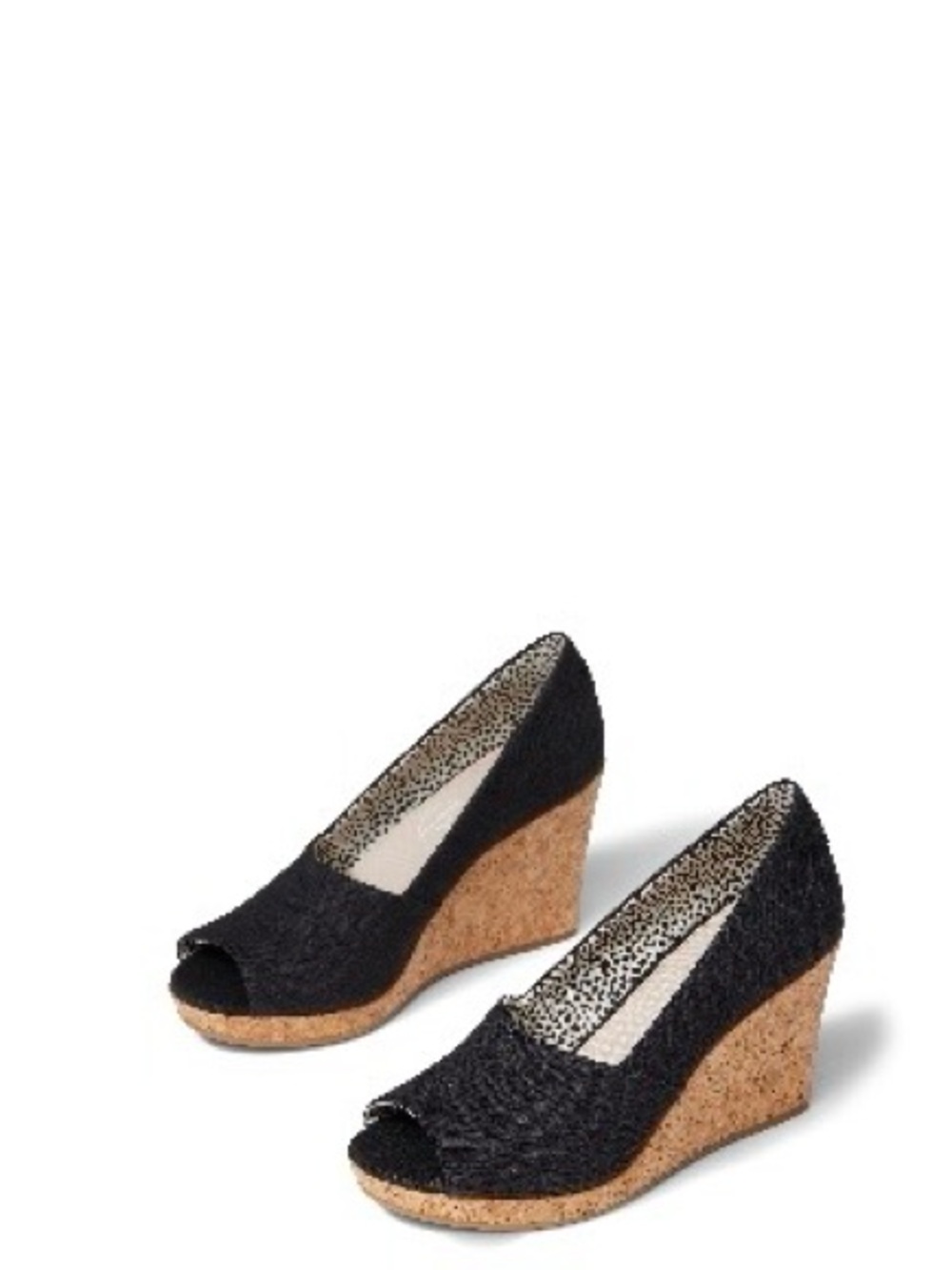 Toms Black Peep-Toe Cork Wedge Heels